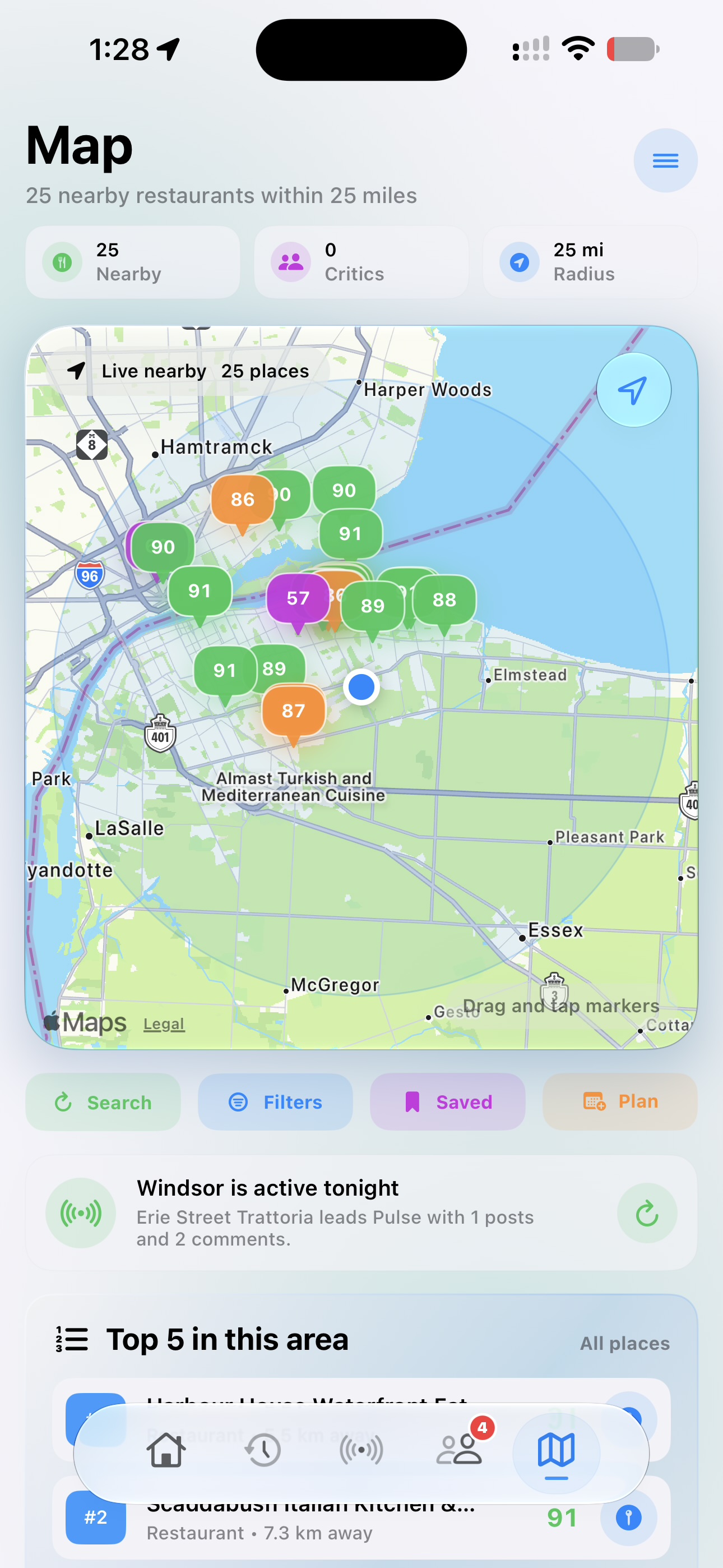 Heard Map showing live nearby restaurant ratings and city activity