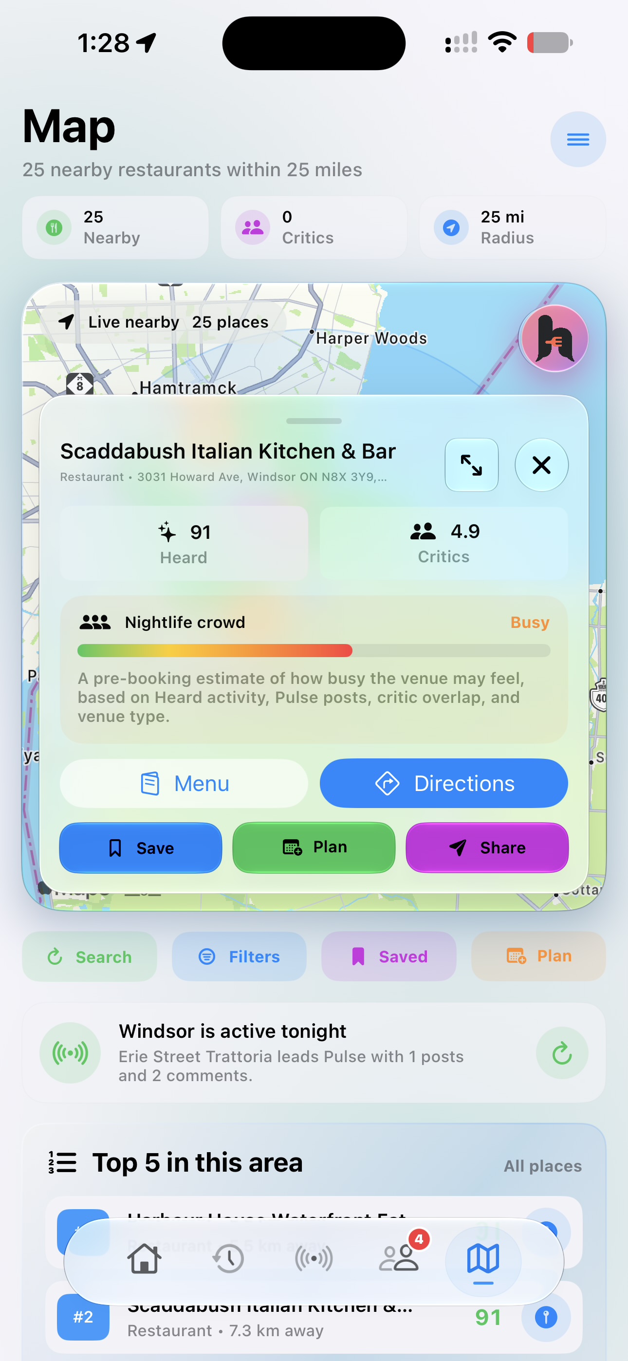 Heard Map restaurant card showing Heard score, Critic rating, crowd level, menu and directions