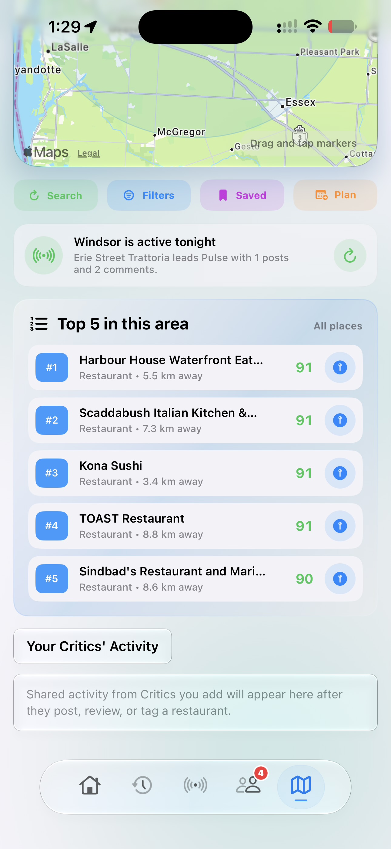 Heard Map Top 5 places in the area and Critic activity