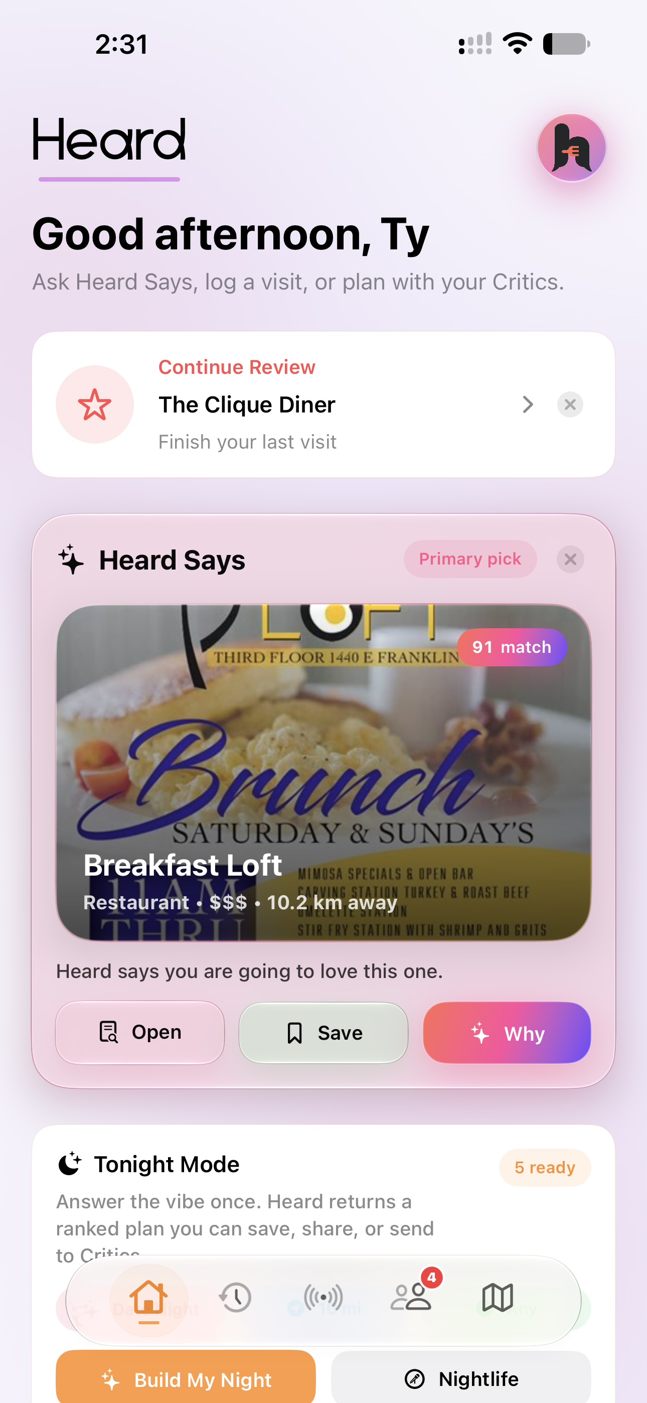 Heard Home screen with the Heard Says bubble in the top right