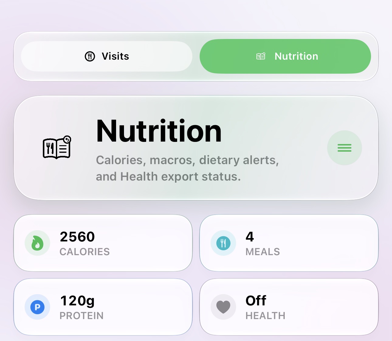 Heard Nutrition dashboard showing calories, meals, protein and Health status