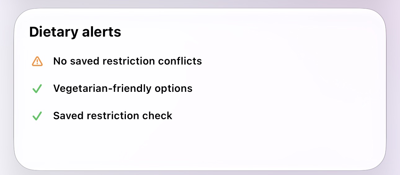 Heard dietary alerts showing saved restriction checks and vegetarian friendly options