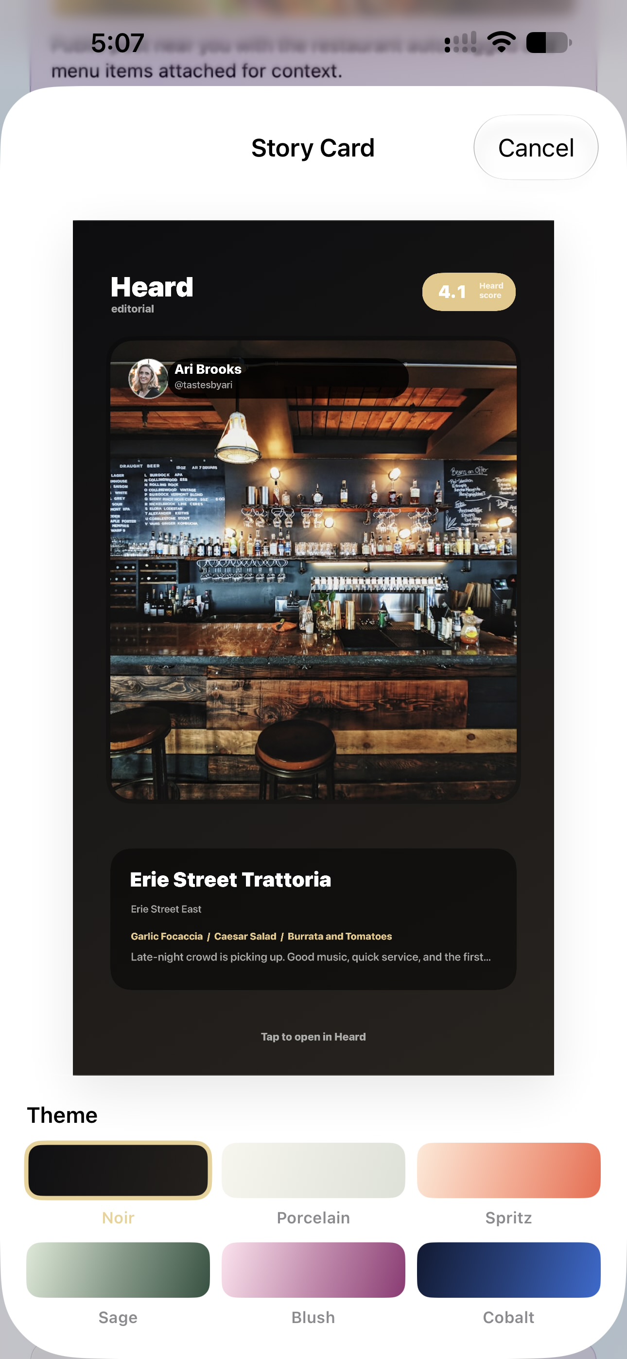 Heard automatically generated Instagram Story Card with profile, rating, photo and caption
