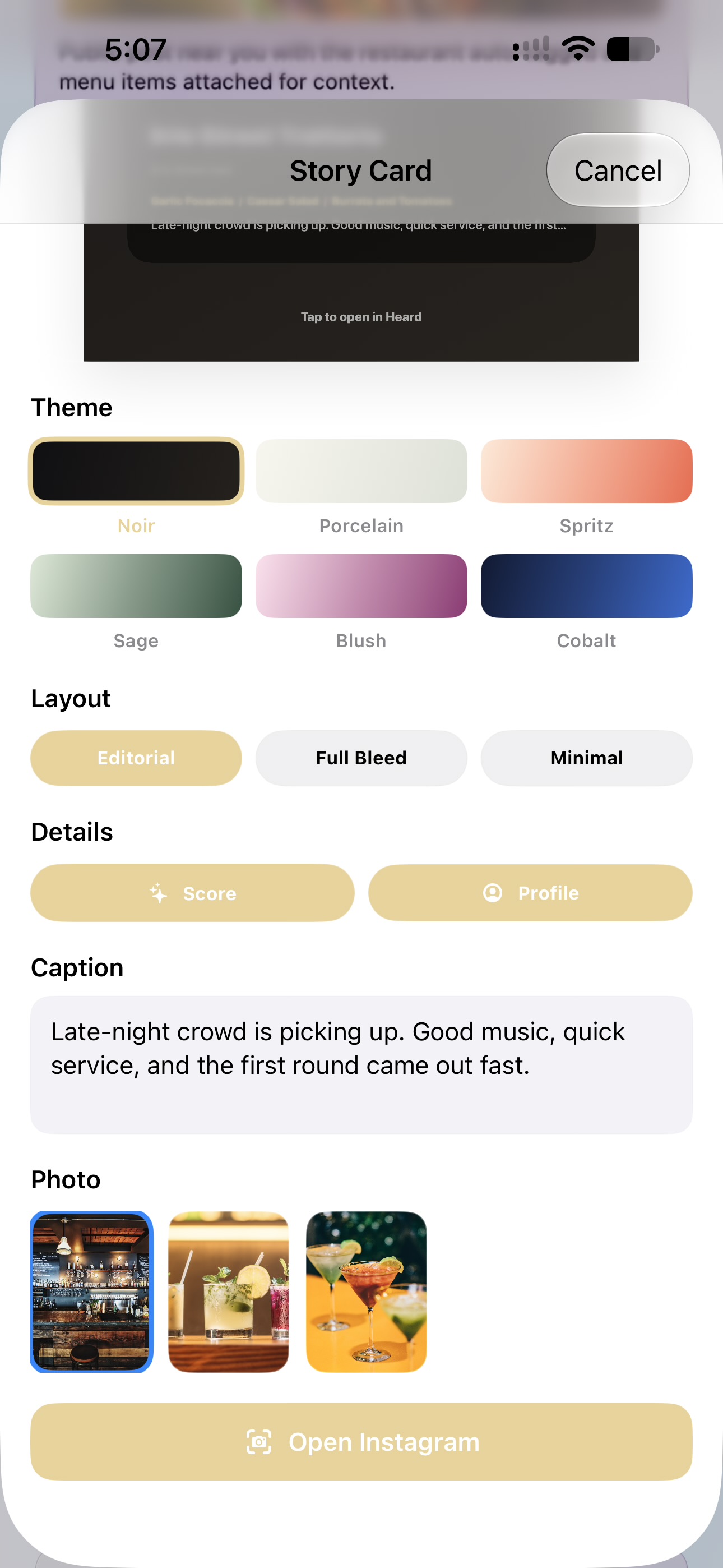 Heard Story Card customization with themes, layouts, details, caption and photos