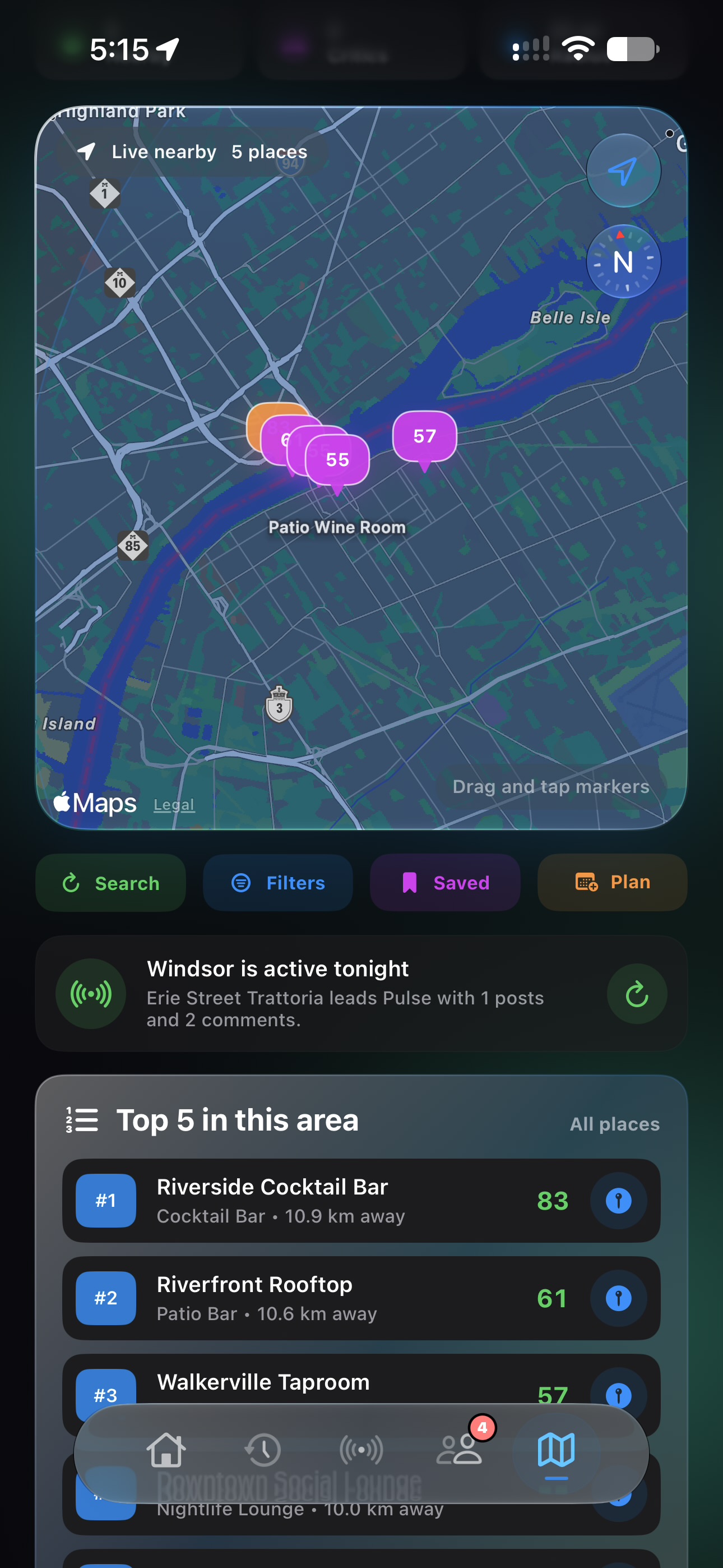 Heard Nightlife Map showing live bar and club activity, ratings and the Top 5 nearby