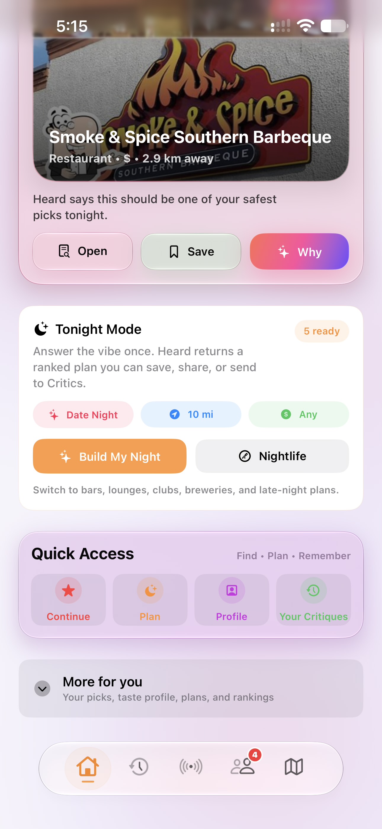 Heard Home with Nightlife Mode switched off and restaurant recommendations restored