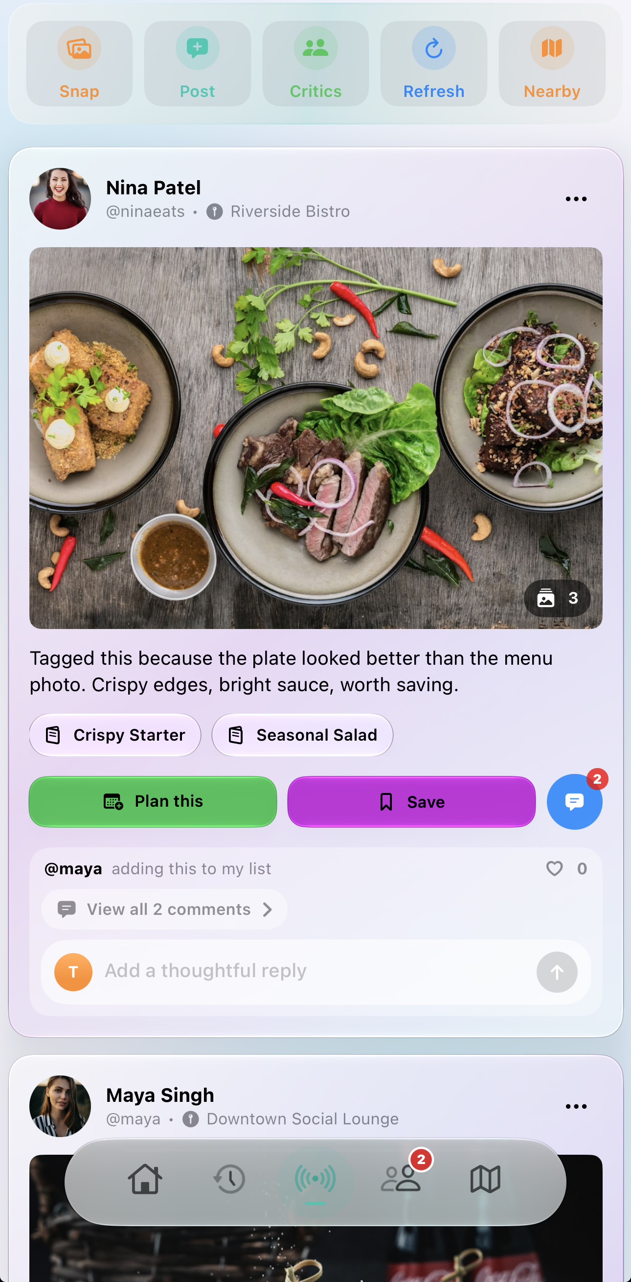 Heard Pulse feed showing a food post, review, planning, saving and comments