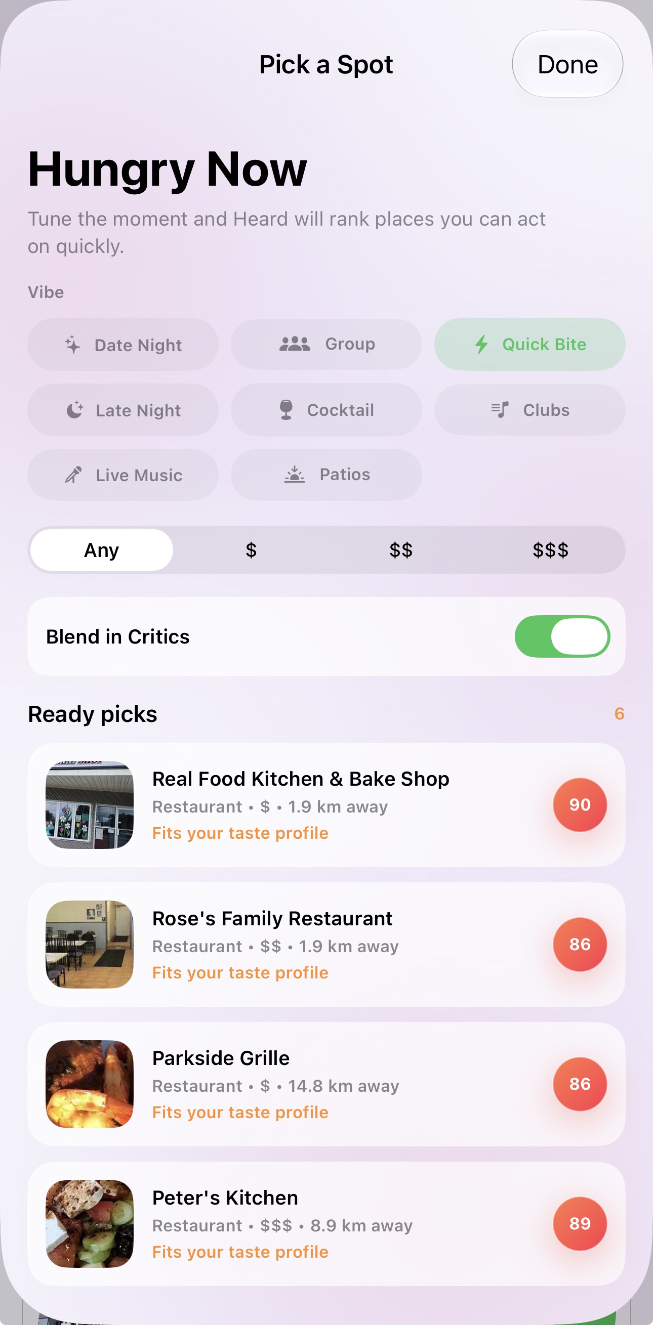 Heard Quick Picks showing input controls and ranked restaurant options