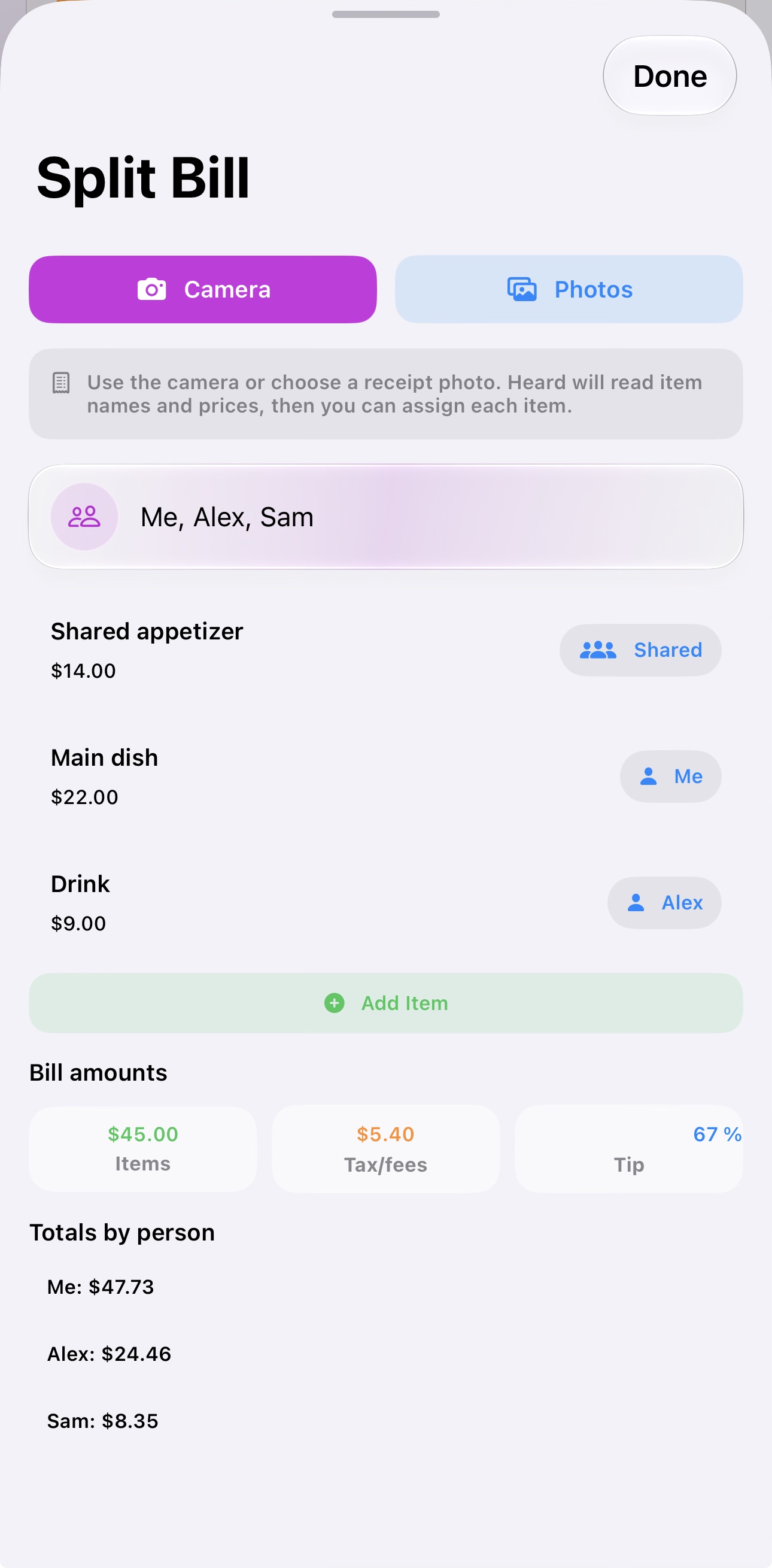 Heard Split Bill result with categorized receipt items and totals for each person