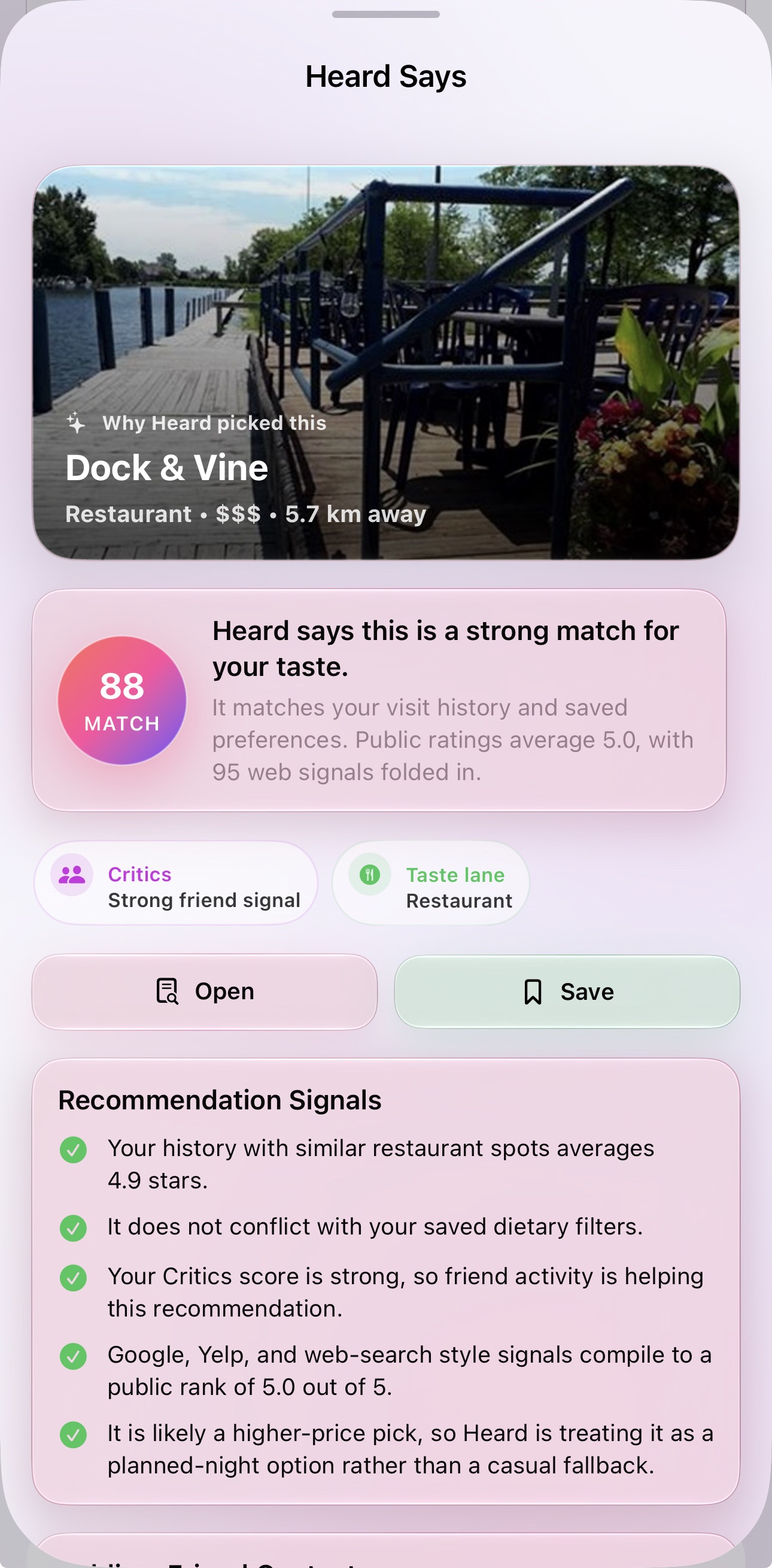 Heard Says recommendation explanation and signals