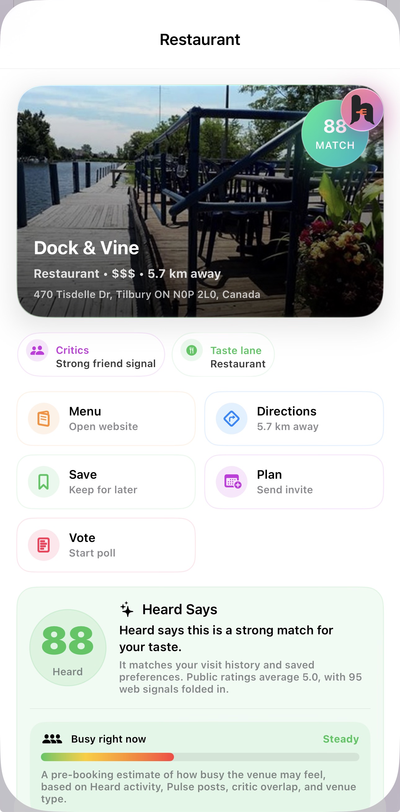 Heard restaurant profile with match score and actions