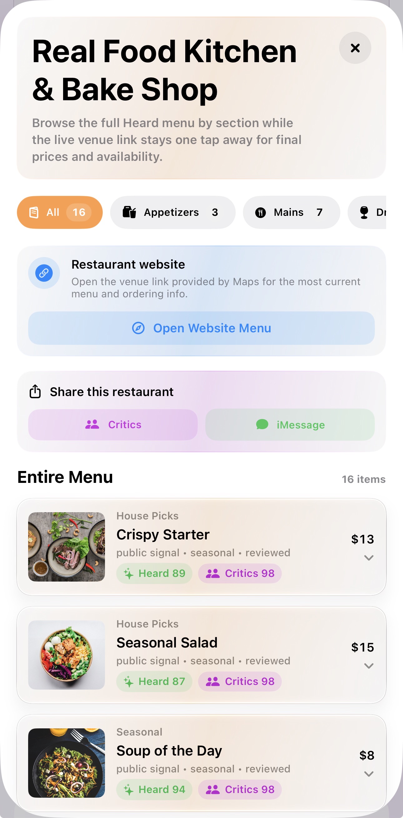 Heard restaurant menu with Heard and Critic scores