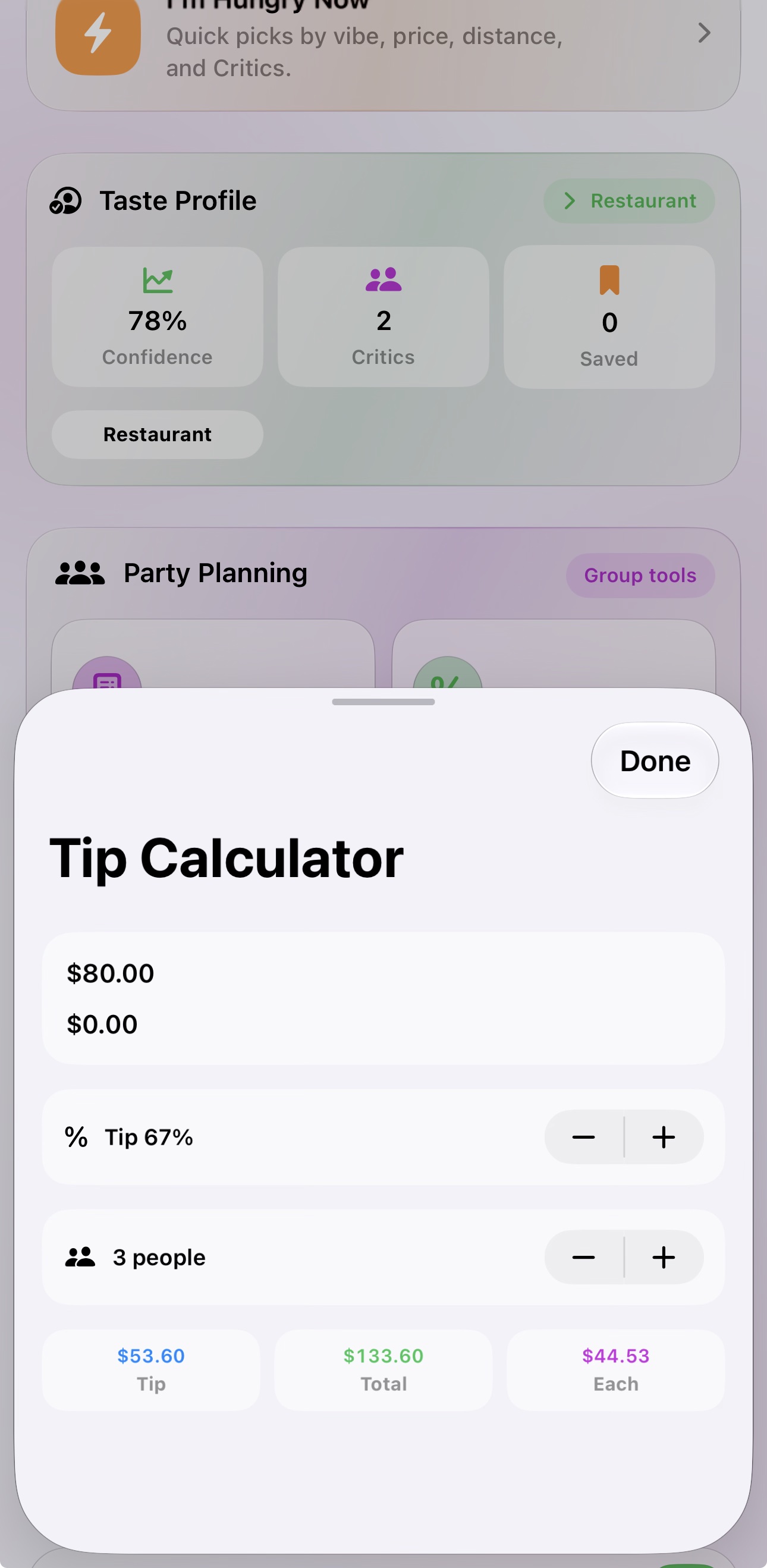Heard Tip Calculator showing bill, tip, people, total and amount per person